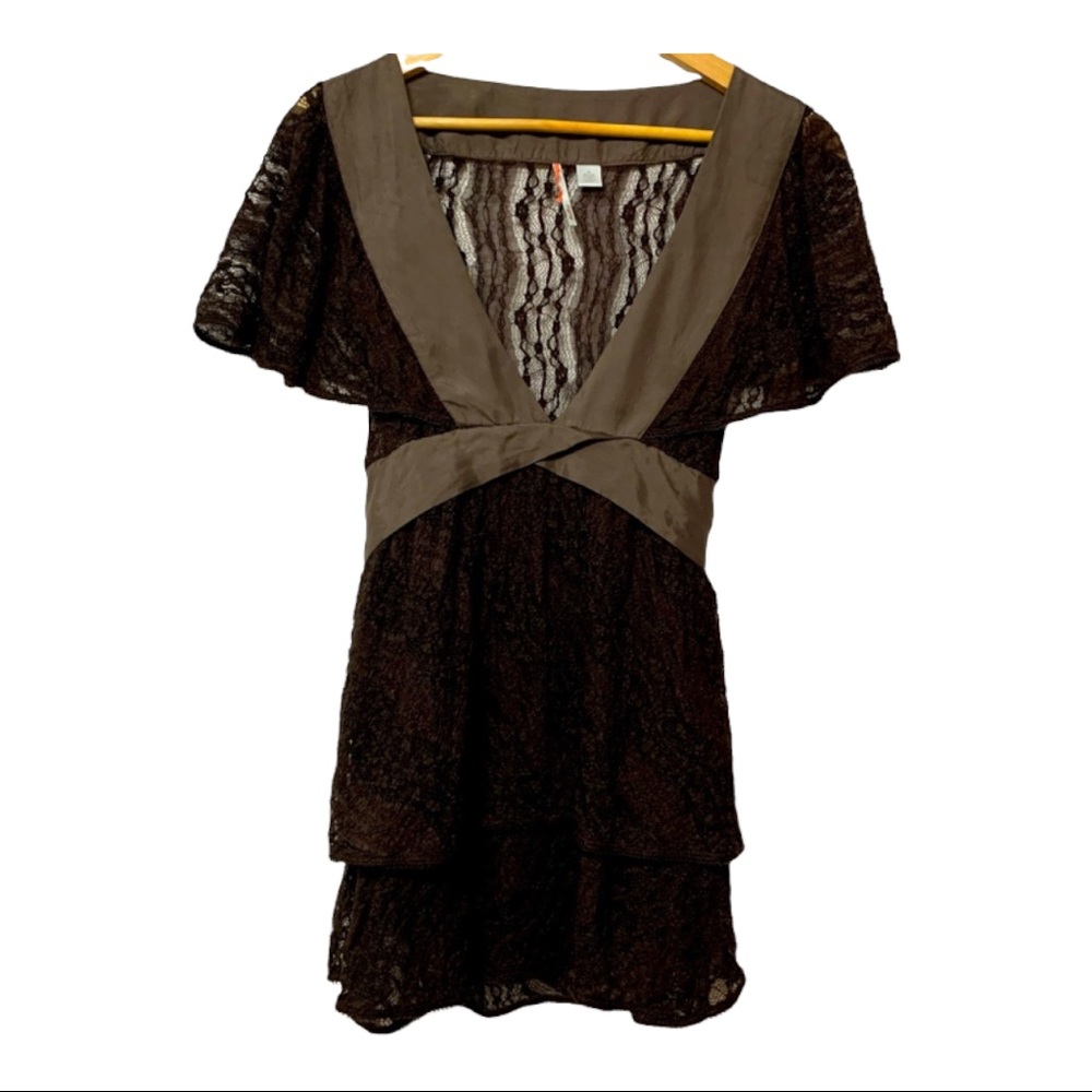 Anthropologie Dark Brown Lace Blouse with Taupe Trim V-Neck